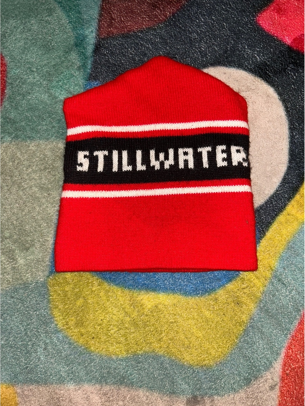 Stillwater Red Knit Beanie Hat with Black and White Stripe